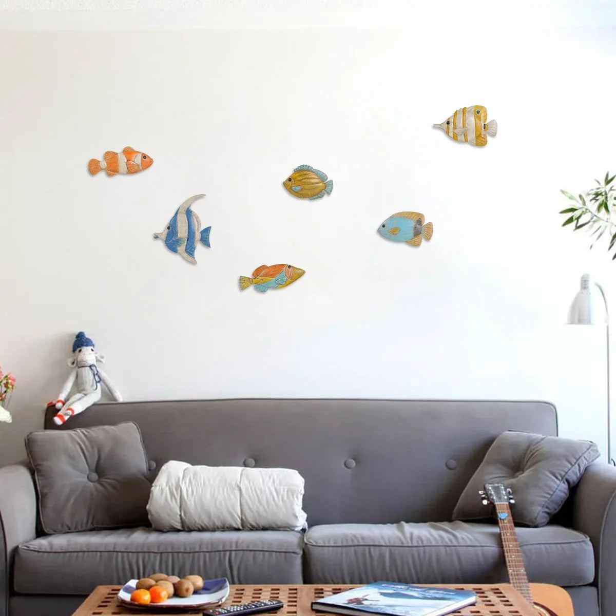 sculpture poisson métal bleu blanc jaune artisanal décoratif mur opacité