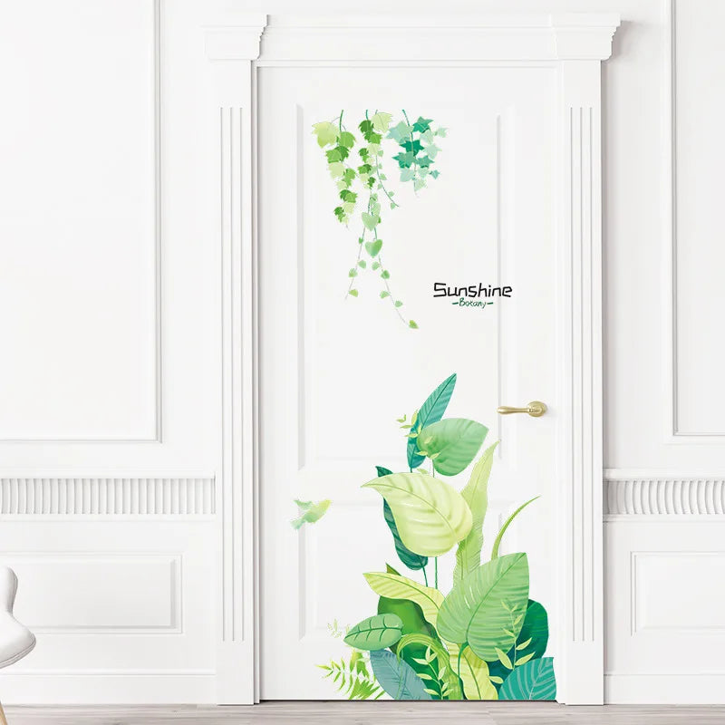 sticker mural botanique moderne feuilles vigne plantes tropicales oiseaux stylisés aquarelle pièces