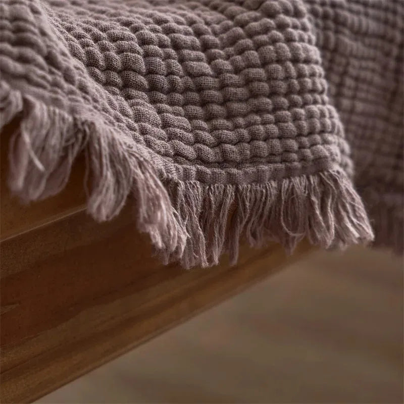 couverture coton gaufrée plaid rustique frangée chaleureuse voyage été hospitalière maison