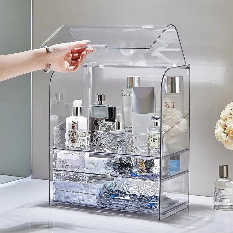 boîte rangement cosmétique transparent moderne trois tiroirs raisin poignée organisation parfums lotions maquillage