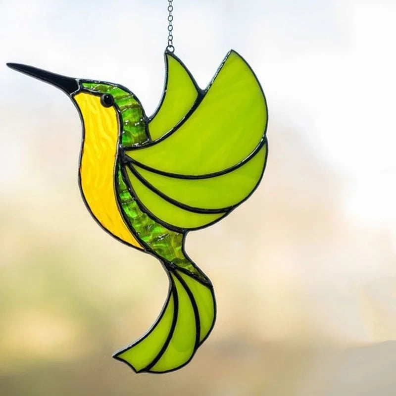 pendant oiseau suspendu vert jaune bleu artisanal tiffany motifs géométriques translucides chambre maison jardin