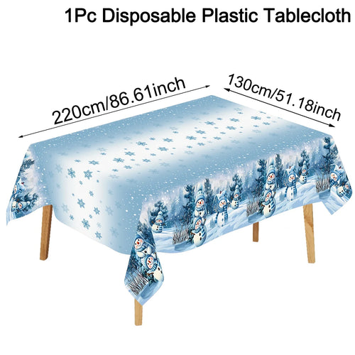 nappe hiver noel bonhommes neige flocons arbre decorations guirlandes cadeaux bougies festive table