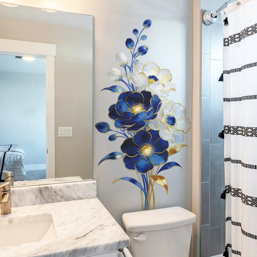 décoration murale sticker floral bleu blanc doré peinture aquarelle brillant adhésif élégantintérieur