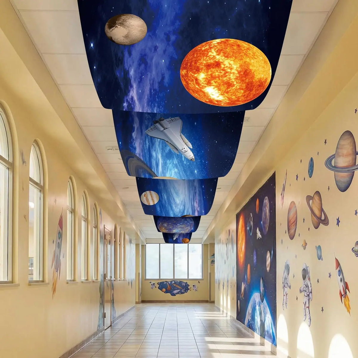 décoration fête anniversaire espace planètes soleil vaisseau spatial astronautes étoiles toile fond educatifintérieur
