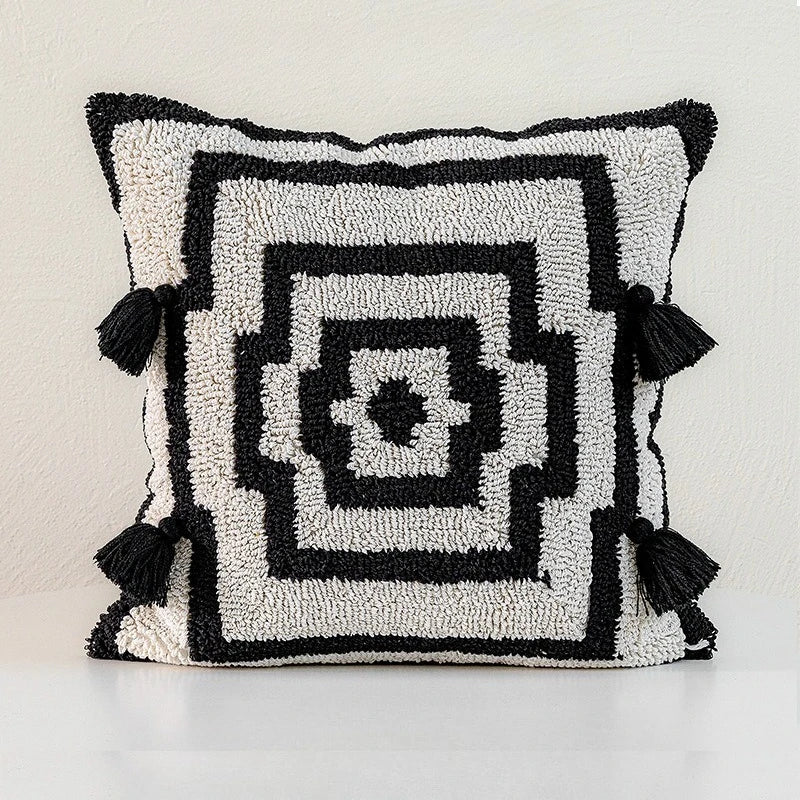 coussin noir blanc brodé géométrique moderne fixé 45x45cm décoration