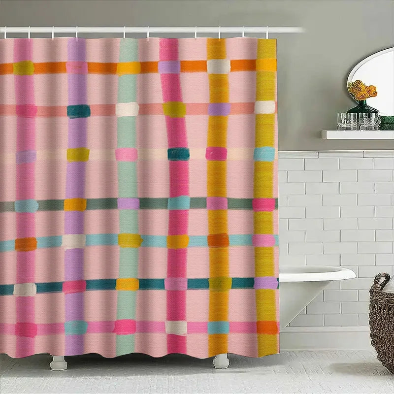 rideau douche moderne carreaux colorés rose vert jaune opacité tapis bain imperméable anneaux métal
