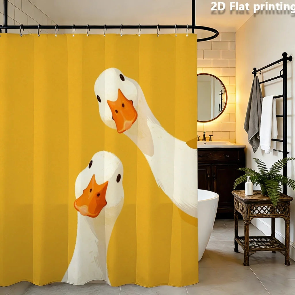 rideau douche jaune oiseaux canards illustration 2d anneaux métalliques opacité dessin animé salle bain