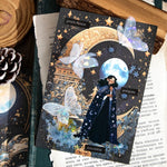 papier scrapbooking lune bateau rochers papillons vintage décoration carte postale bleu blanc