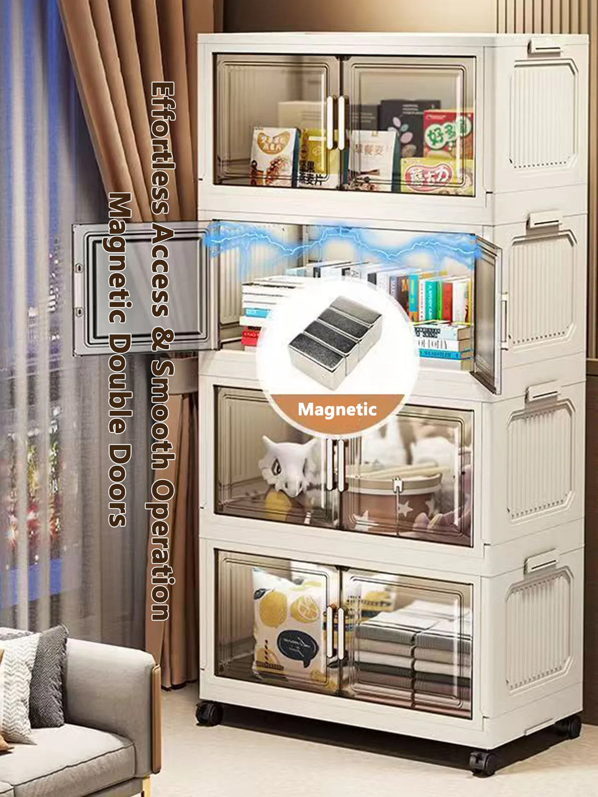 meuble rangement modulable blanc roulettes portes transparentes rayures verticales modernes