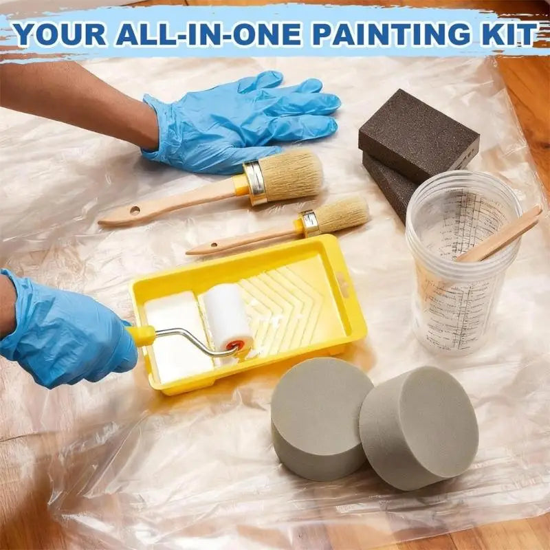 kit peinture palette pinceaux gants rouleau éponges tasse papier verre utilitaire