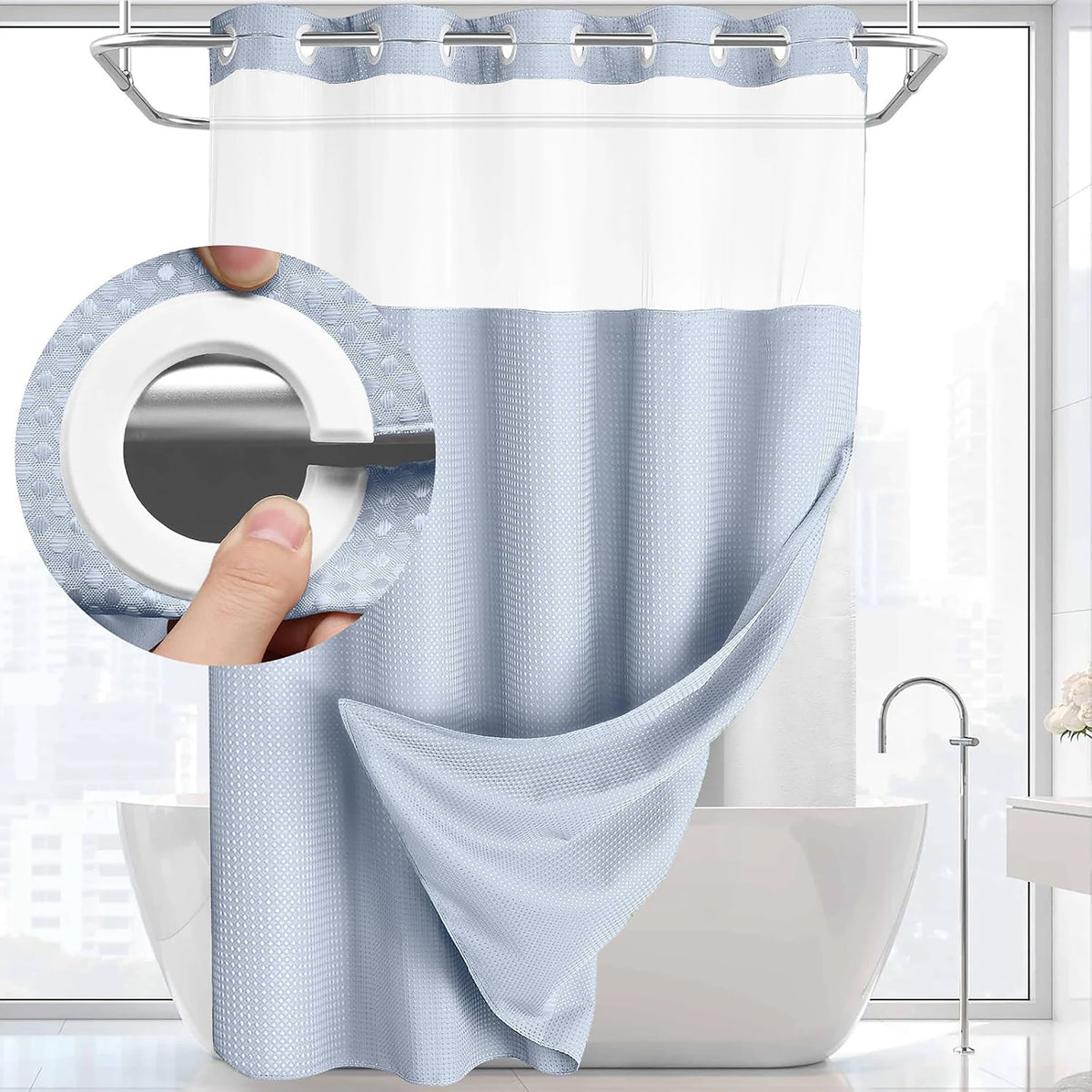 rideau douche moderne noir gris clair texture relief aimants lestés liner intégré tissu opaque