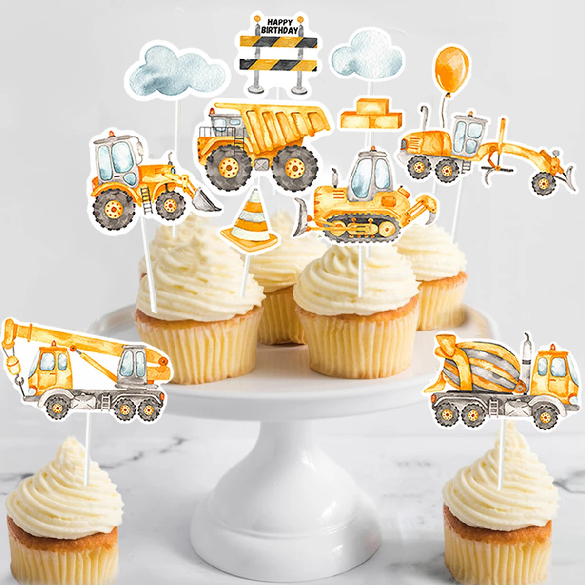décorations anniversaire gâteau cupcakes camions construction nuages cône sécurité pancarte happy birthday pique illustrations