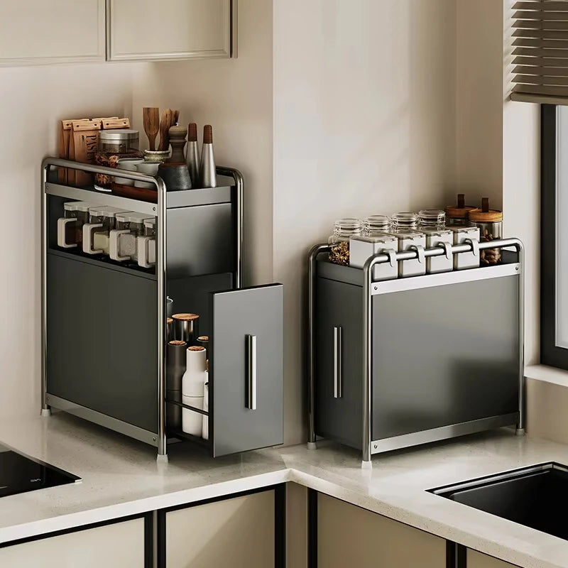 rangement cuisine tiroirs porte couteaux couverts verres bouteilles gris métallisé moderne multifonctionnel