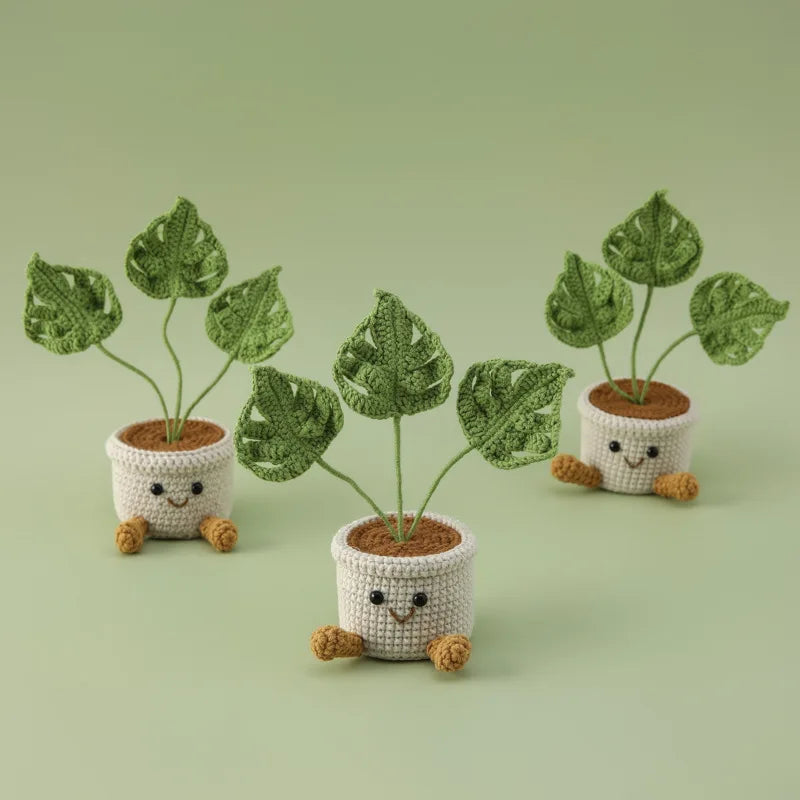 plantes artificielles tricotées vert feuilles marron créatives décoration intérieure maison artisanale festive