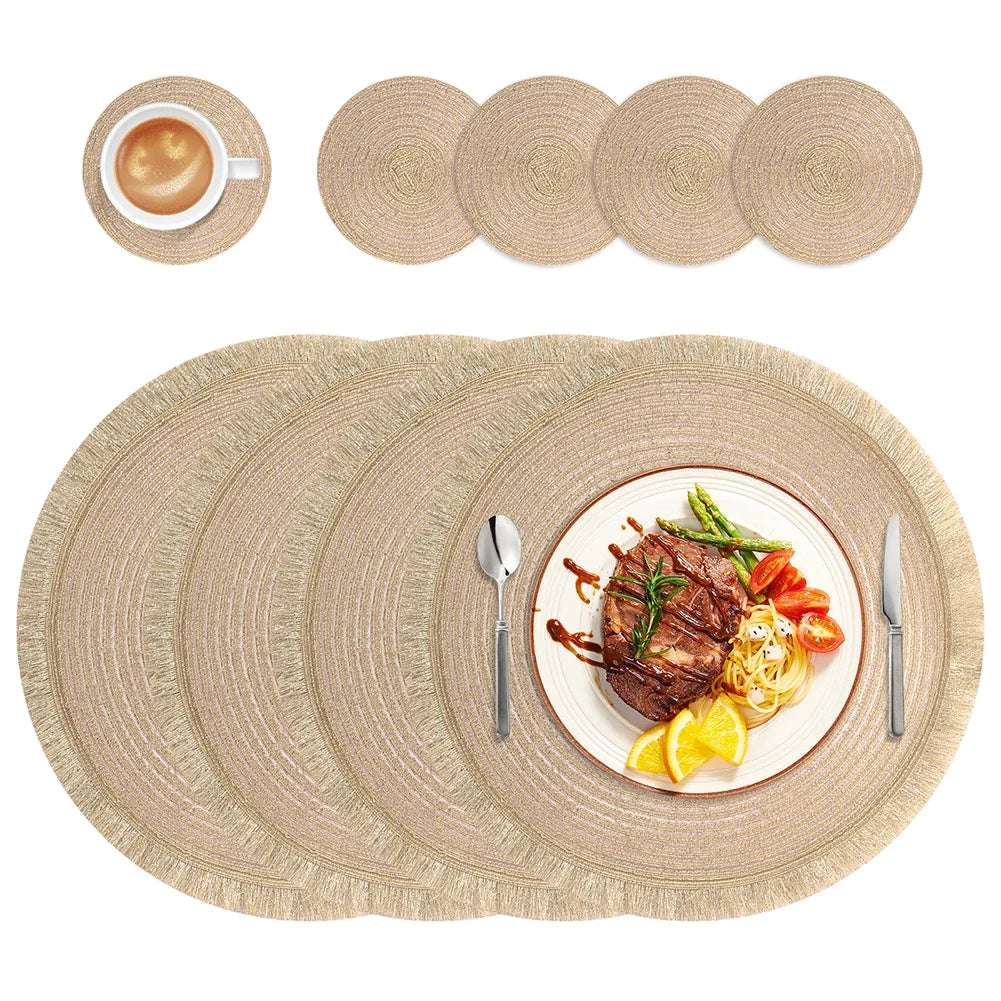tapis table boho chic beige clair franges texture tissée sous verres ensembles sets deco