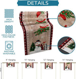 Des banderoles décoratrices de Noël avec des motifs de flocons de neige, d'arbres de Noël et de bonhommes de neige sur un fond en bois clair, disponibles en différentes tailles pour s'adapter à différents espaces.