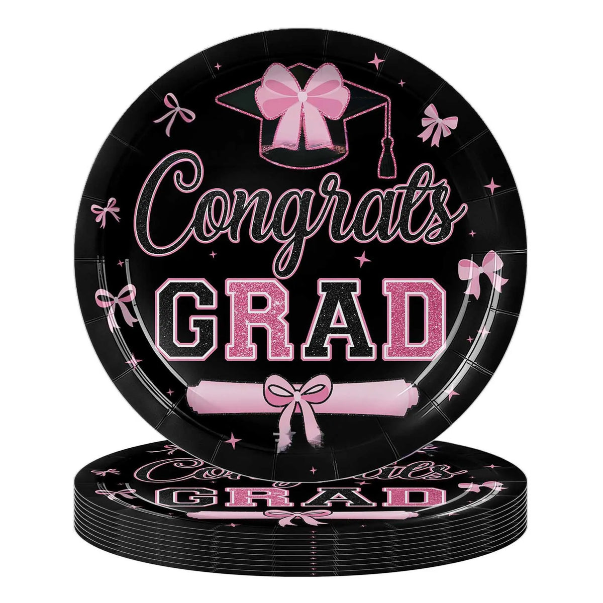 décoration fête graduation assiettes gobelets serviettes nappe noir rose diplôme étoiles congrats grad