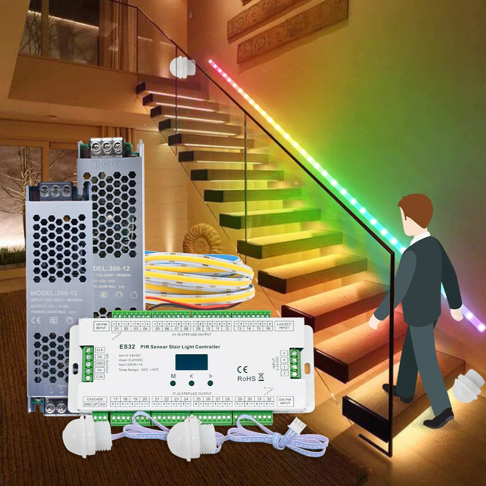 bande led multicolore contrôleur es32 capteur pir alimentation 12v câbles raccordement moderne adhésif 5m