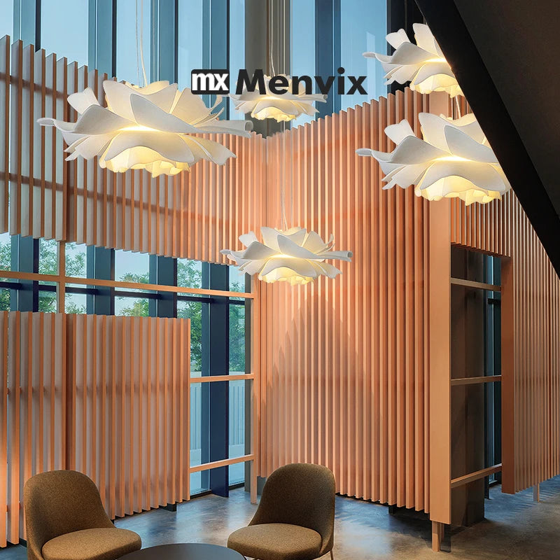lampe suspendue moderne blanc feuilles ouvertes texture organique salon chambrehôtel