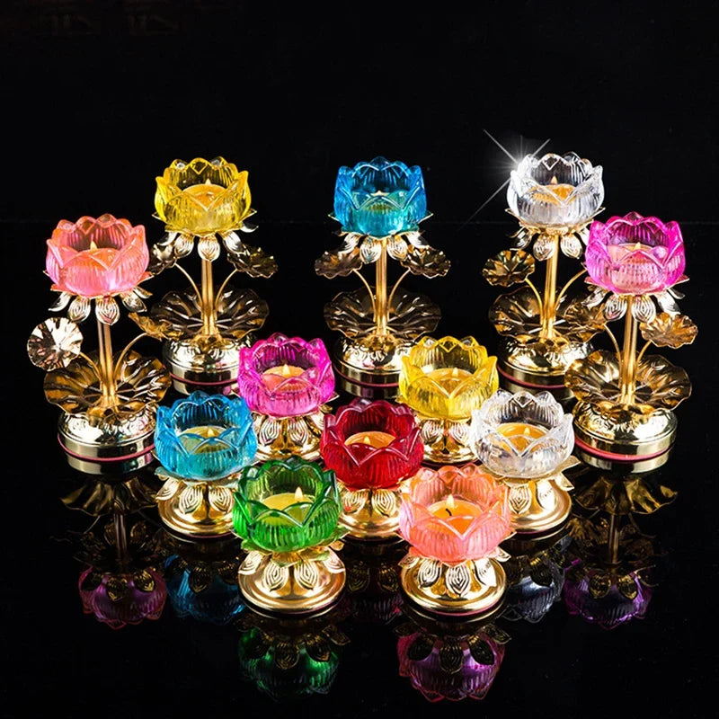 bougeoir verre fleur lotus rose jaune bleu vert rouge relief doré artisanal table centre