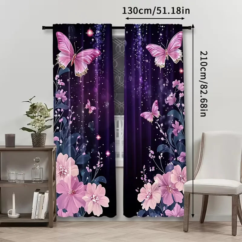 rideaux violet papillons roses motifs floraux moderne opaques deux panneaux polyester