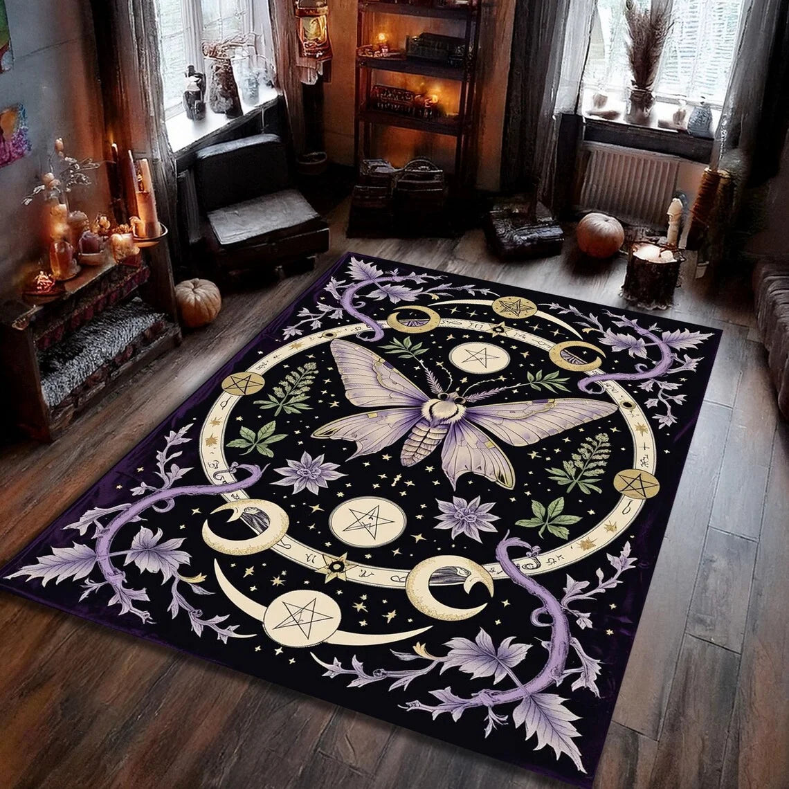 tapis noir violet papillons fleurs lunes pentagrammes moderne gothique vintage floral decoration interieur prayer