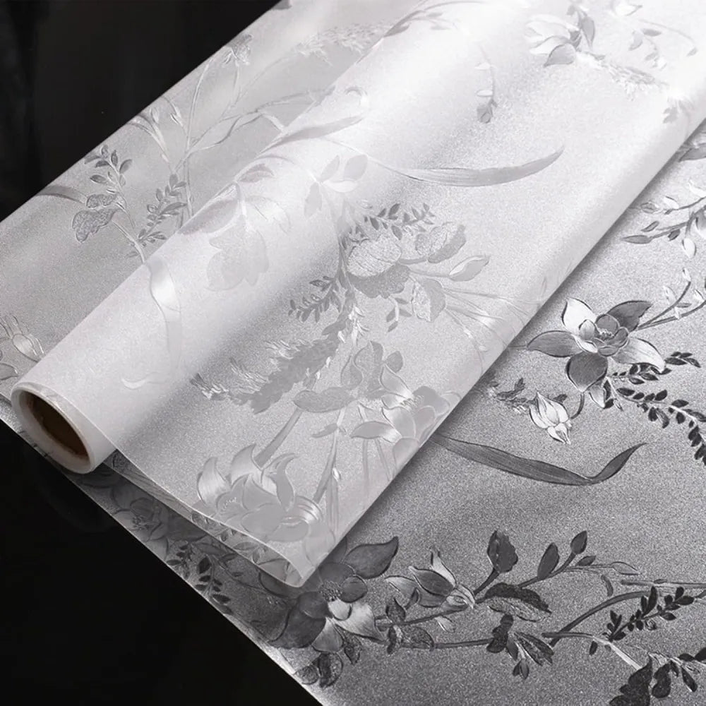 film décoratif fenêtre porte opaque fleurs feuilles gris autocollant statique vitrail salle bain