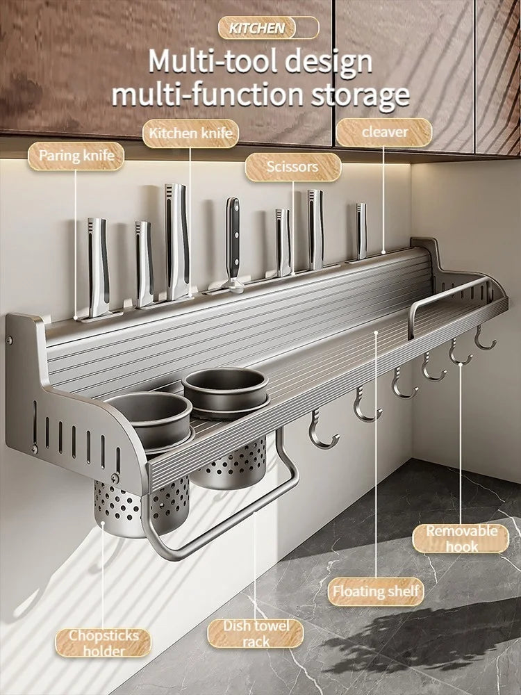 étagère cuisine multifonctionnelle argentée adhésive moderne couteaux cuillères bouteilles serviettes