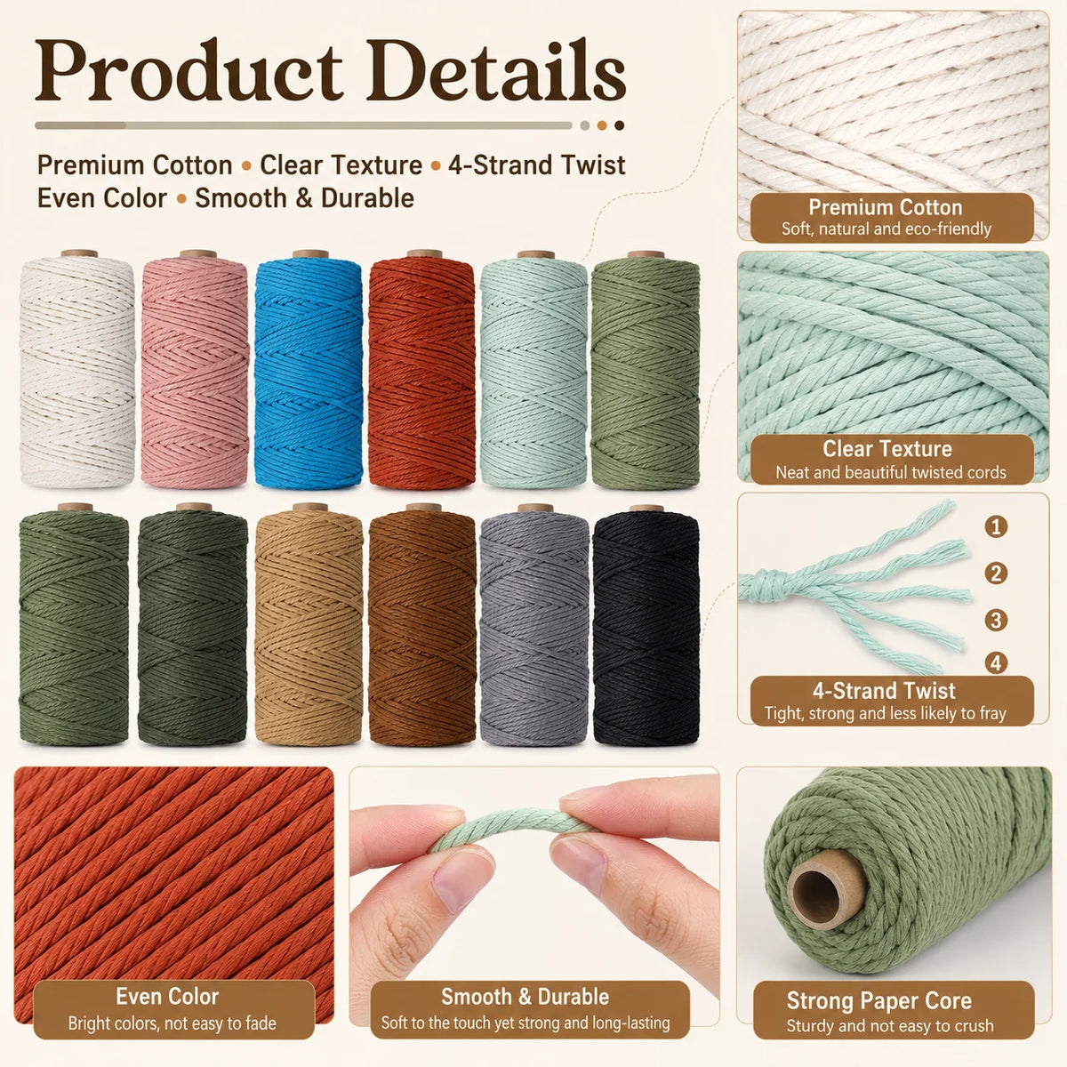 corde macramé coton nylon blanc rose bleu rouge vert marron gris colorées torsadé