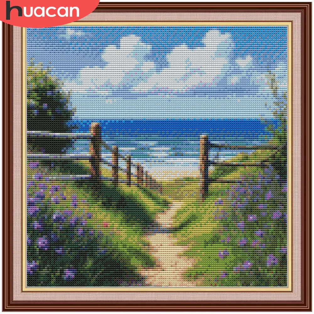 toile imprimée paysage marin plage falaises nuages herbe ciel broderie fil instructions aiguille coton