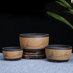 pots bonsaï porcelaine beige noir vert olive branches fleurs dessinées classique traditionnel