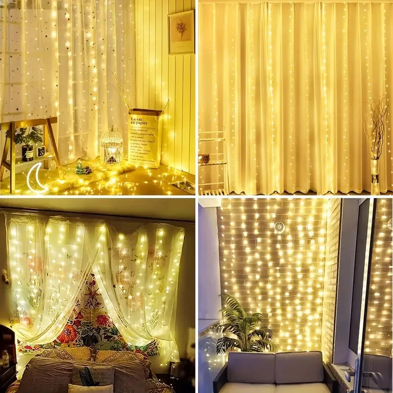 rideau lumineux led blanc jaune doré moderne télécommande câble usb noël festive