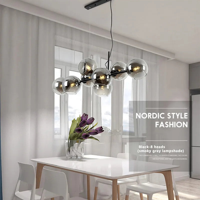 Suspension lumineuse nordique or noir boules transparentes ampoules LED 10m²