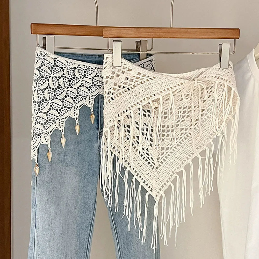 foulard boho chic blanc motifs floraux adhésif asymétrique polyester coton