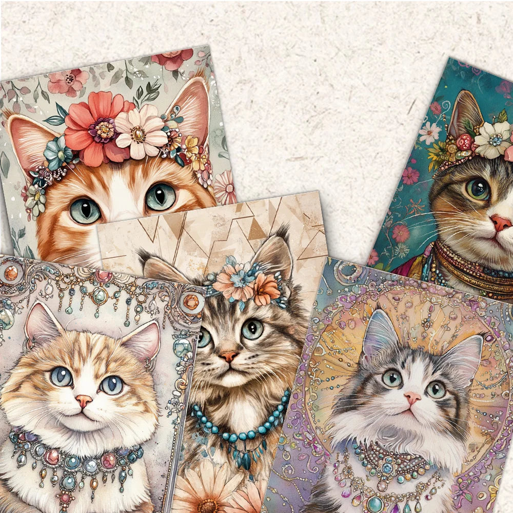 cartes postales multicolores chats accessoires artistiques vintage illustrées fleurs bijoux plumes
