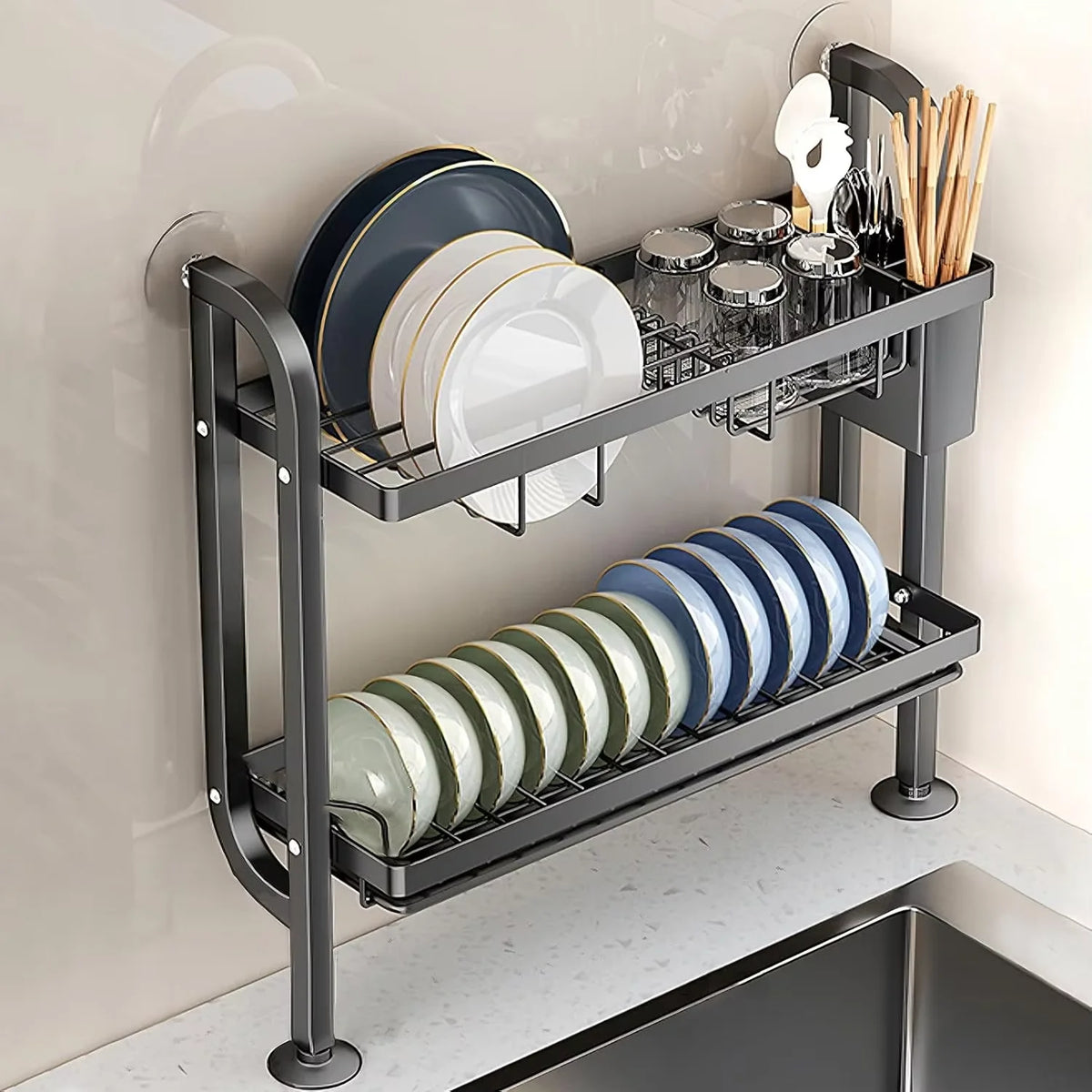 étagère murale moderne niveaux acier inoxydable blanc assiettes verres cuillères rangement serviettes