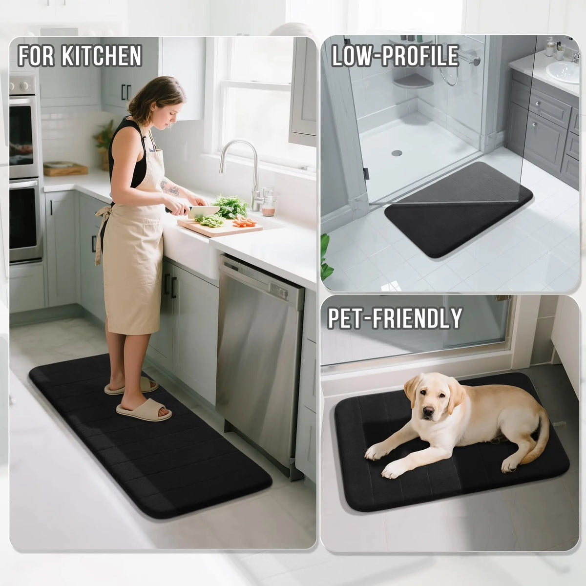 tapis bain mousse rayures beige noir doux moderne salle bain
