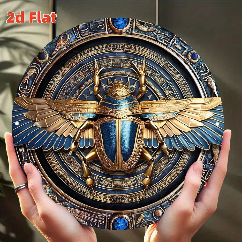 décoration murale égyptienne scarabée or métal fixations dimensions 20cm bleu argent hiéroglyphes