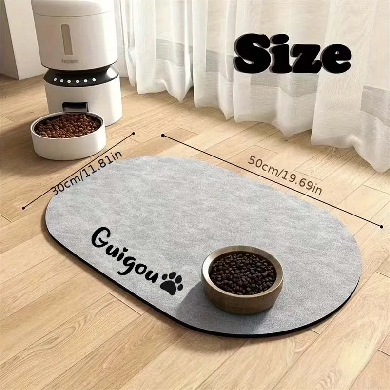 tapis alimentation animal compagnie gravure nom imprimé personnalisé gris moderne antidérapant bol