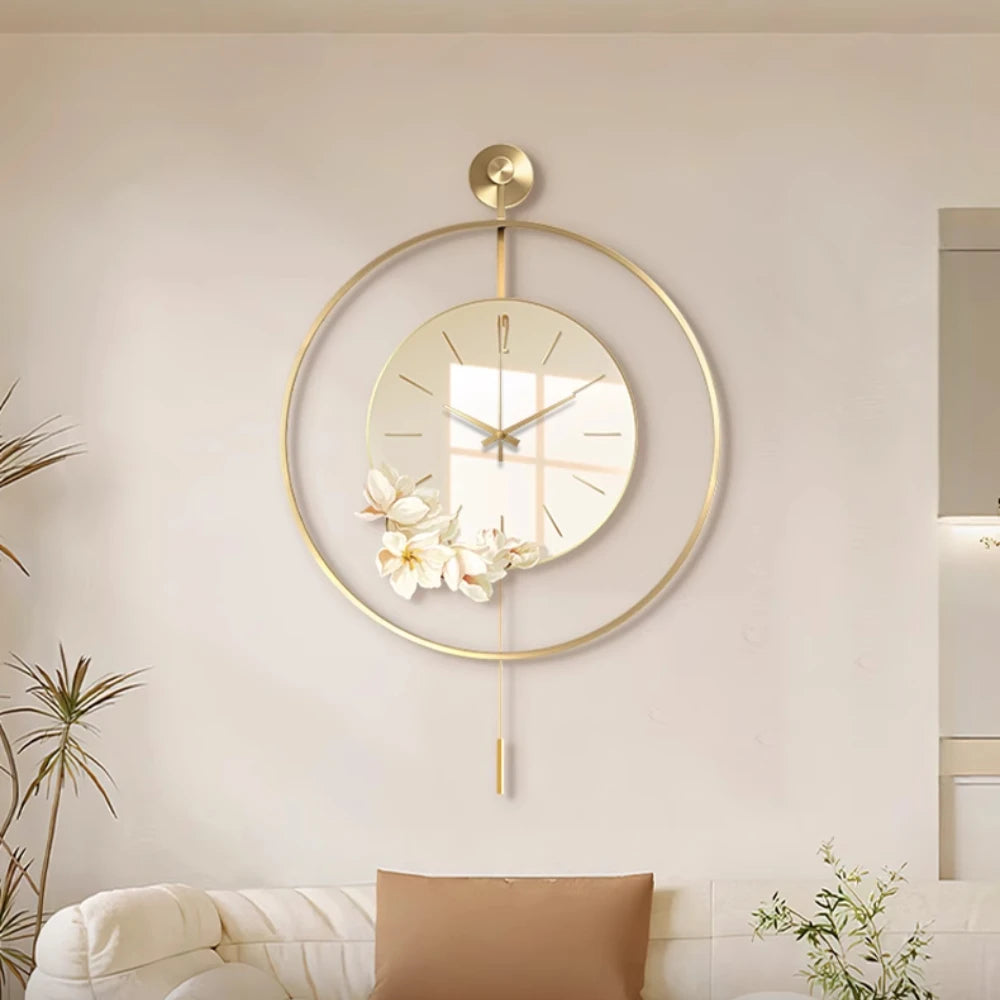 horloge murale moderne élégante fleurs blanches cadran transparent or blanc pendule aiguilles métal porcelain