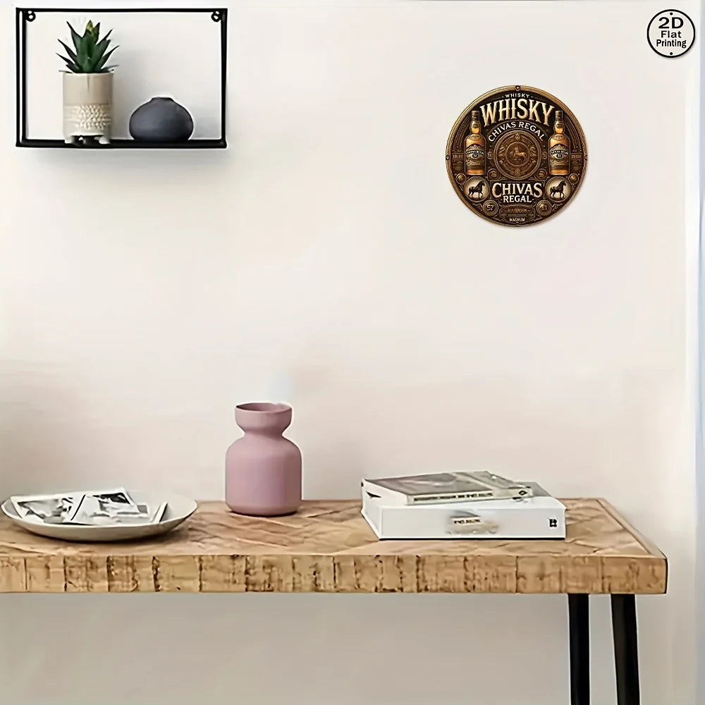 décoration murale ronde métal vintage motifs whisky bouteilles chevaux élégante ornoiels fixationsarrière stylepublicitaire motifslettrés