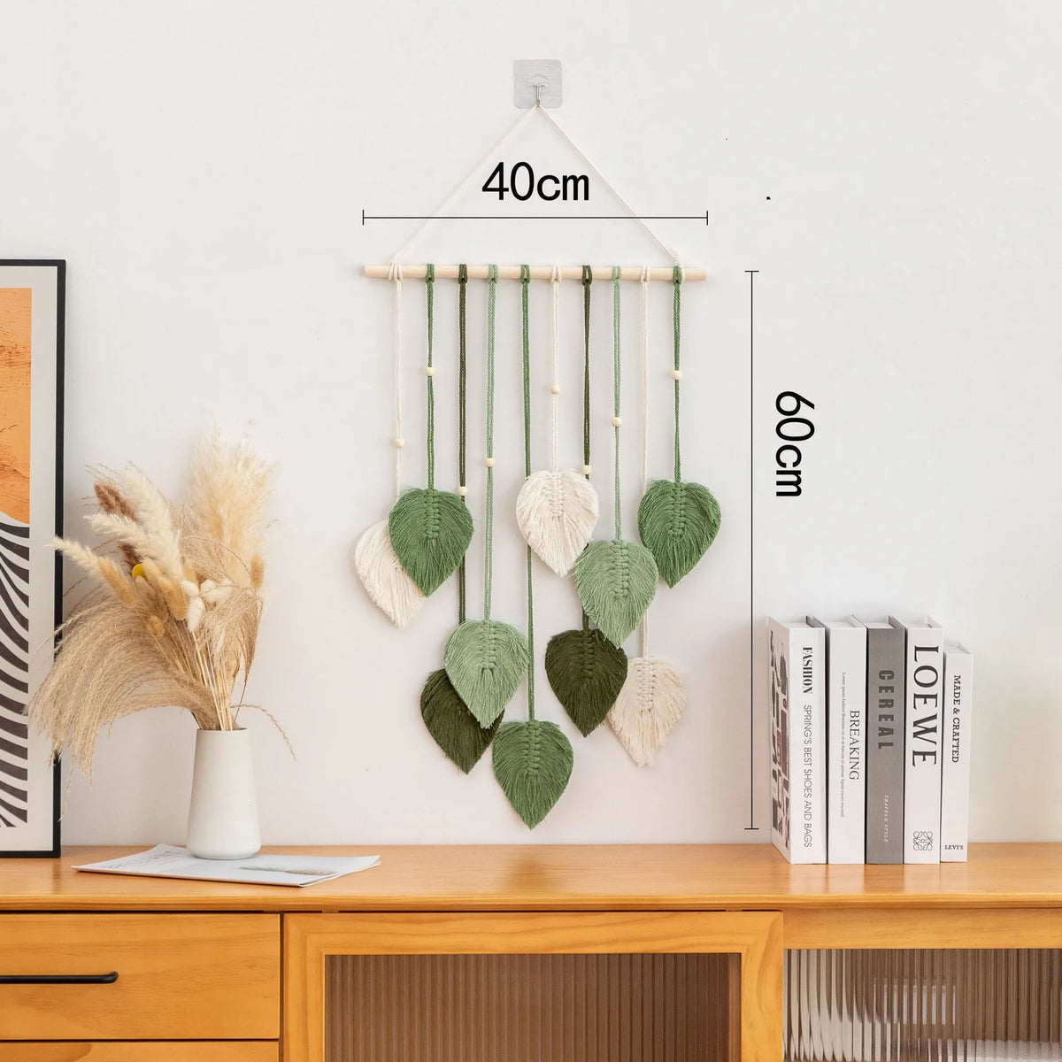 décoration murale macramé feuilles vertes tissage boho crochet artisanal chambre salon