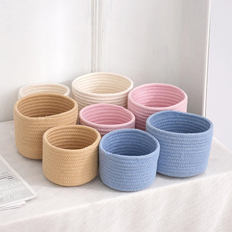 corbeilles tissées réutilisables rangement moderne beige blanc rose bleu vert respectueux environnement multiple utilisations