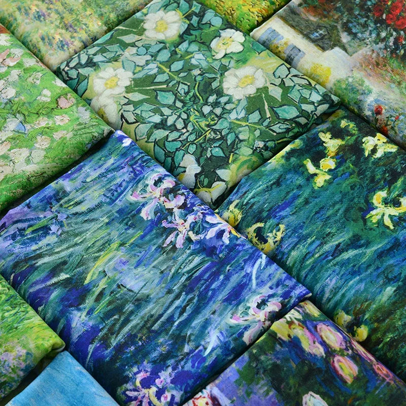 tissu imprimé coton biodegradable 145x50cm paysages fleurs abstrait impressionniste vert bleu rose