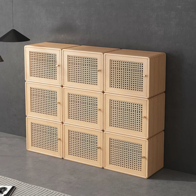 meuble modular bois clair grille moderne poignées vases bougies livres