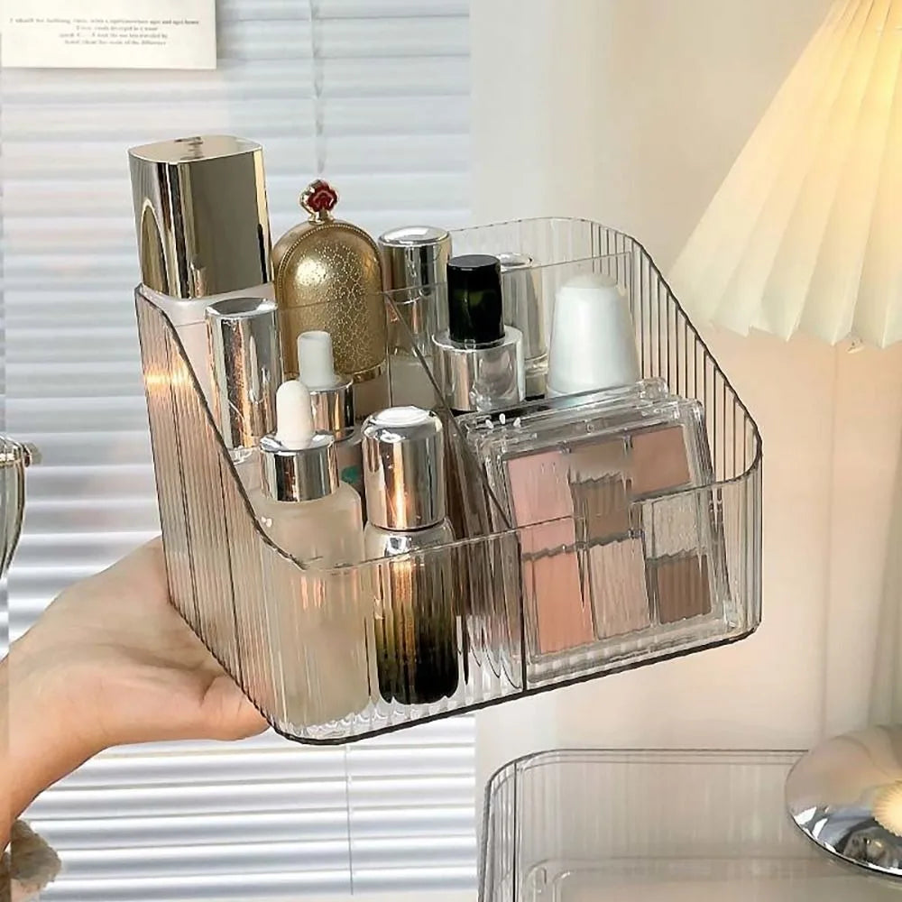 organisateur maquillage transparent moderne rayures verticales brosse crayon palette fards flacons pochette réutilisable polyvalent