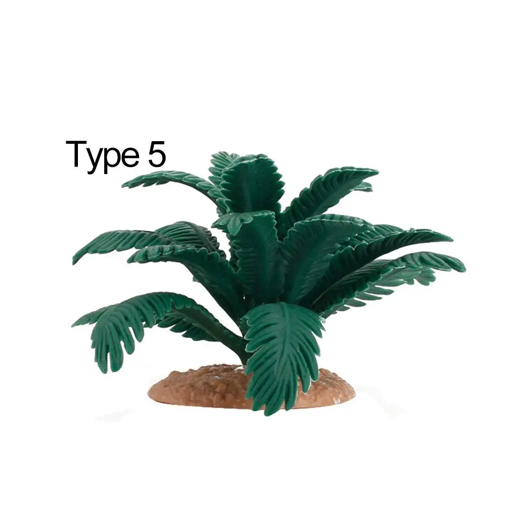 plantes artificielles réalistes feuilles larges troncs texturés base terreuse opacité vert brun jardin miniature