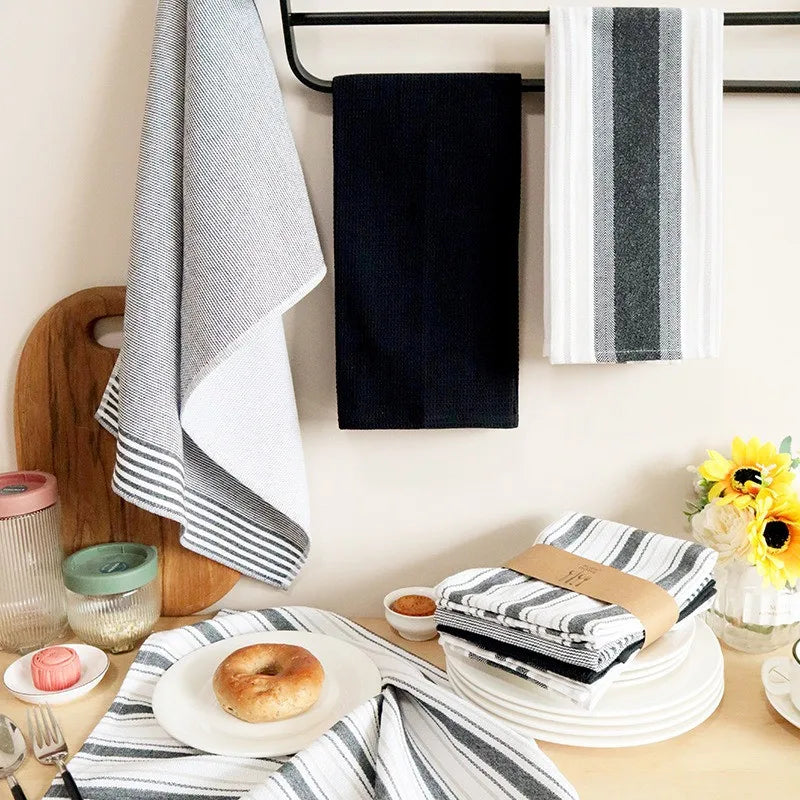 serviettes cuisine rouge vert blanc beige noir rayures horizontales absorption coton rapide moderne pack