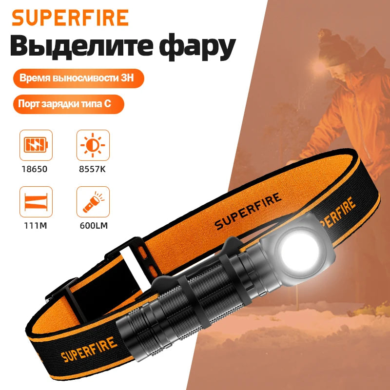 lampe frontale rechargeable orange noir bandeau ajustable éclairage camping travail nuit robuste usb