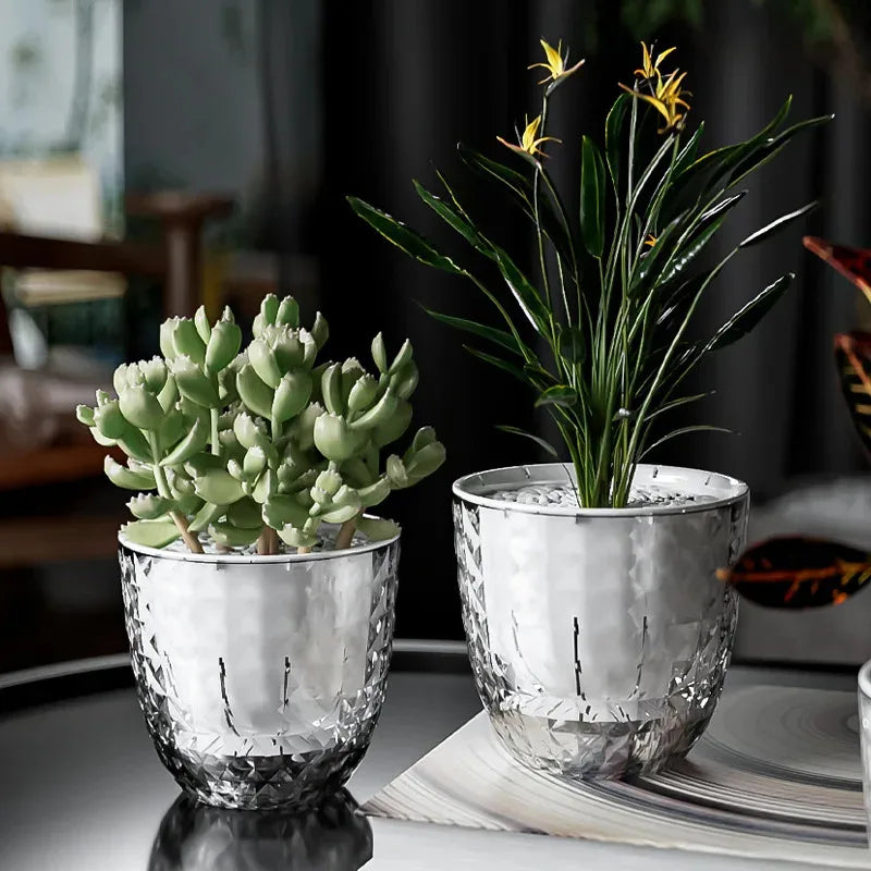 pots fleurs arrosage automatique transparent argenté texture diamant moderne pièces absorption eau plantes succulentes